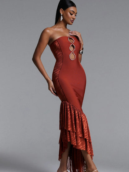 Isla Strapless Rhinestone Cutout Ruffle Midi Dress