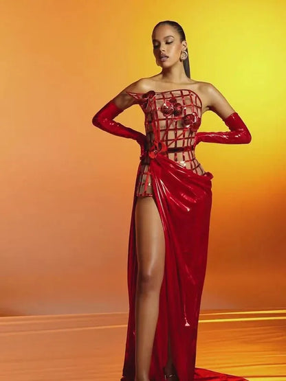 Aethon Strapless Metallic Flower Maxi Dress In Red