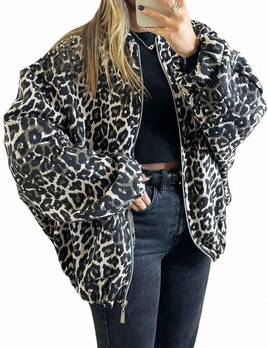 Vintage Leopard Print Zip-Up Winter Jacket