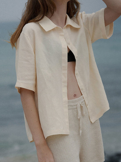 Loose Short Sleeves Buttoned Pleated Solid Color Split-Side Lapel Blouses&Shirts Tops