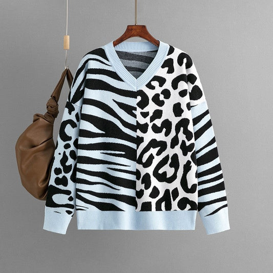 Zebra And Leopard Print Patchwork Sweater