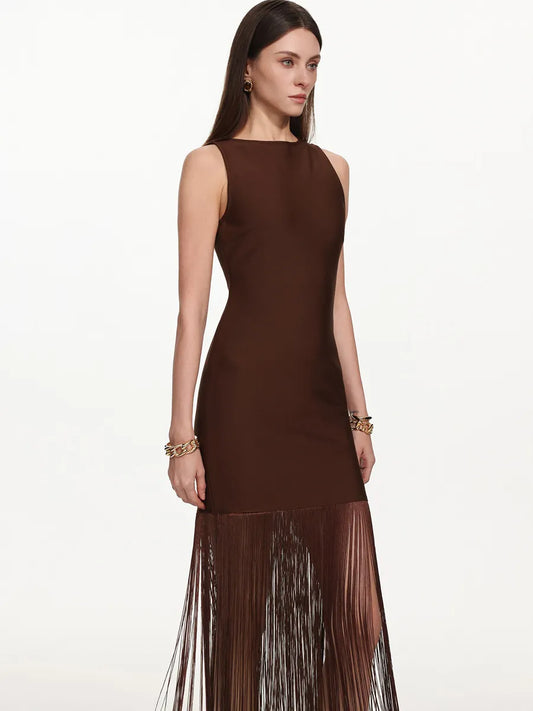 Iliana Classic Contour Sleeveless Fringe Bandage Maxi Dress