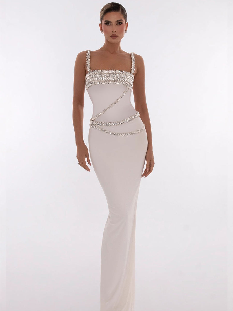Alma Strappy Rhinestone Mermaid Maxi Dress