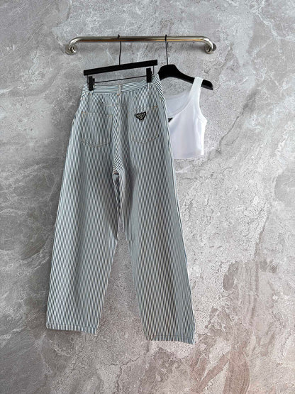 Prada Striped Pants Blue mix White Cotton