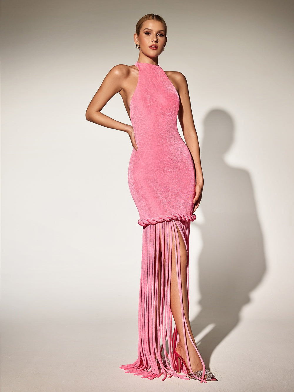 Litonya Halterneck Fringe Velvet Maxi Dress