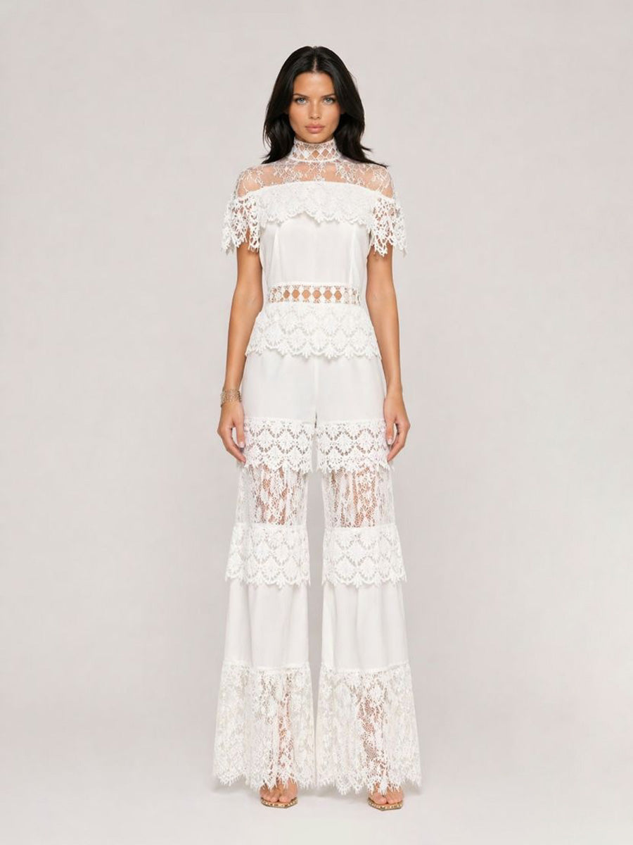 Ivana Elegant High-Neck Ruffled Short-Sleeved Lace Set