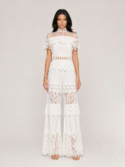 Ivana Elegant High-Neck Ruffled Short-Sleeved Lace Set