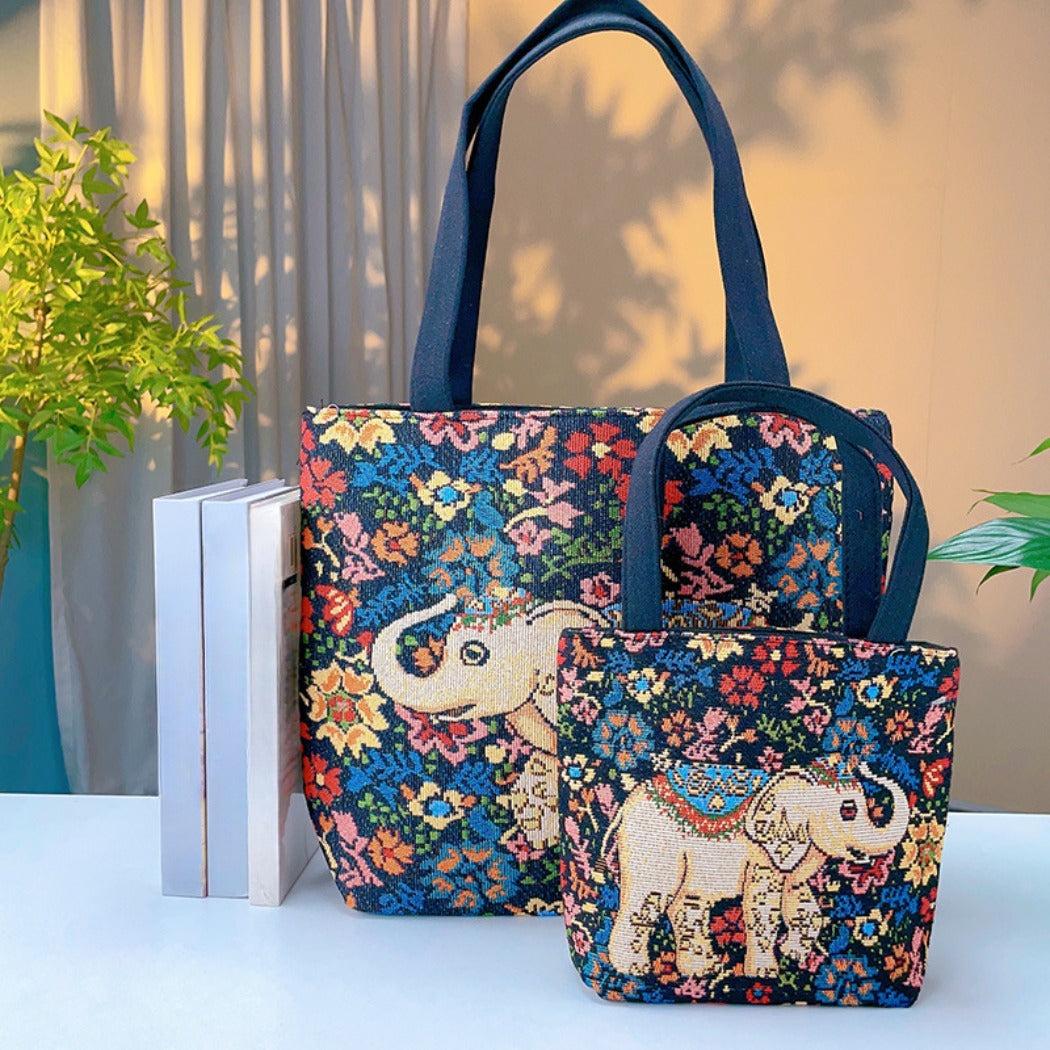 Cosbai - Blue Floral Elephant Tote Bag - Practical &amp; Durable