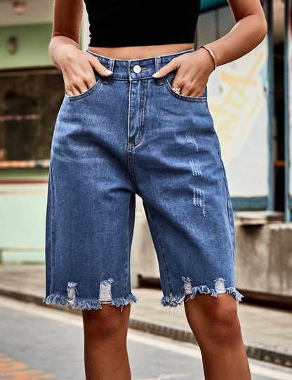 Ripped Raw Hem Denim Bermuda Shorts