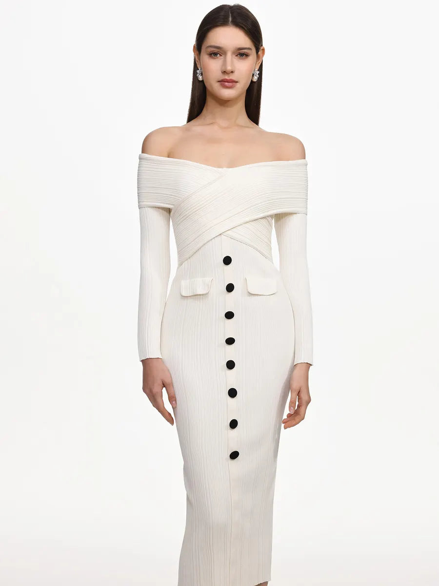 Grace Elegant Contour Off Shoulder Buttoned Knit Maxi Dress