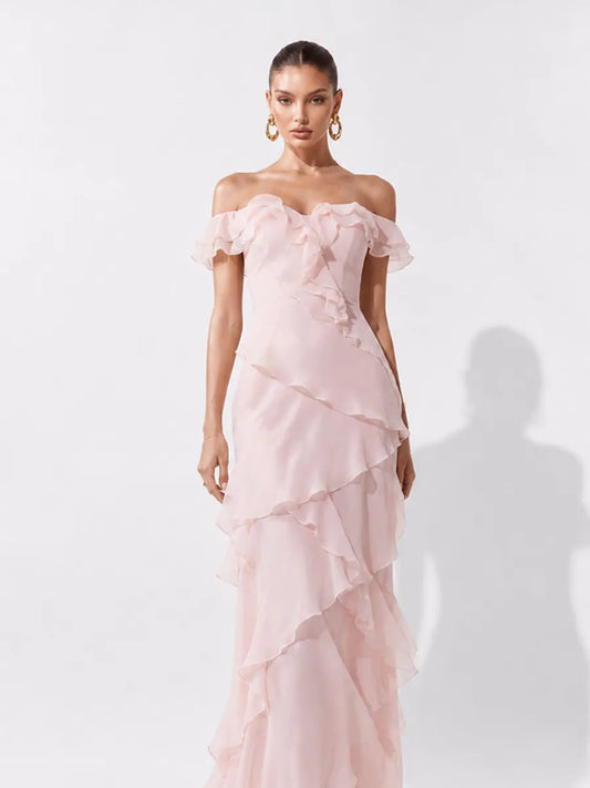 Valentina Off-Shoulder Ruffled Tulle Maxi Dress
