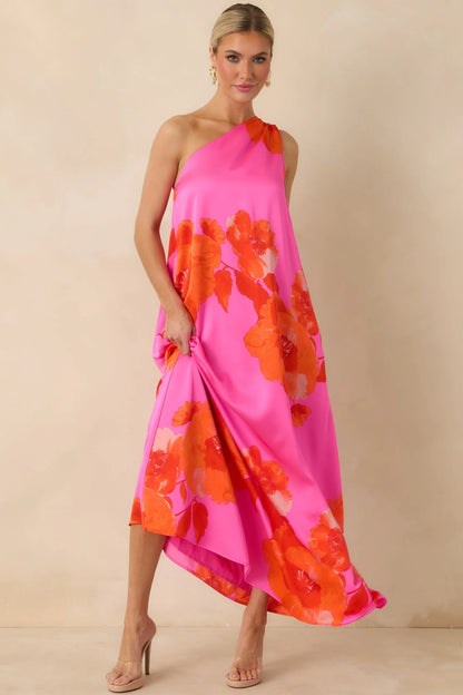 No Introduction Pink Multi Floral Print Satin One Shoulder Maxi Dress