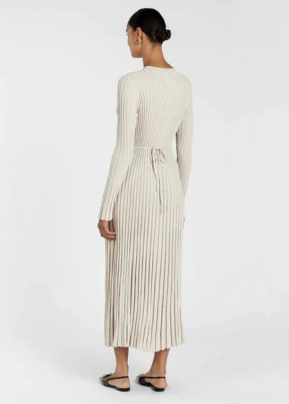Pleated Ribbed Knit Midi Dress In Soft Fabric