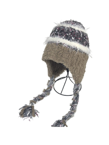 Haila - Striped Plush Knitted Beanie with Ear Flaps