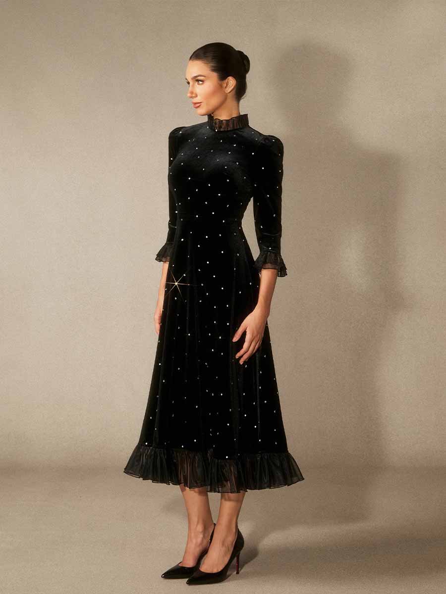 Beatrice Diamante Ruffle Velvet Maxi Dress