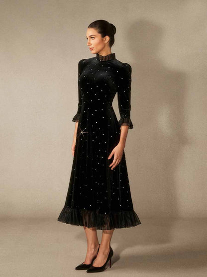 Beatrice Diamante Ruffle Velvet Maxi Dress