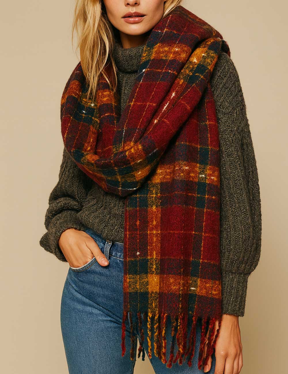 Classic Plaid Thicken Warm Christmas Theme Shawl