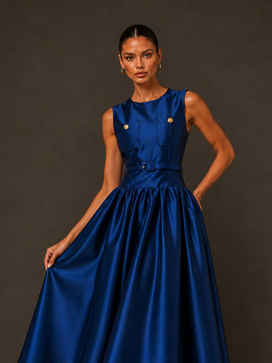 Lydia Sleeveless Round-Neck Midi Dress with Buttons and Pockets