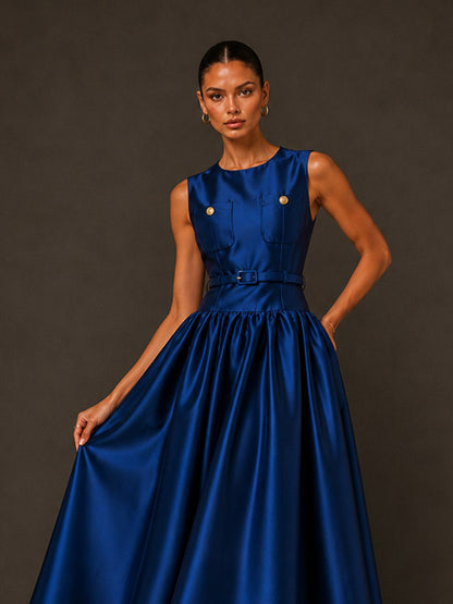 Lydia Sleeveless Round-Neck Midi Dress with Buttons and Pockets