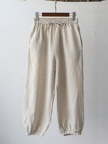 Simple Linen Solid Color Elasticity Waist Loose Knickerbockers&Capri-Pants