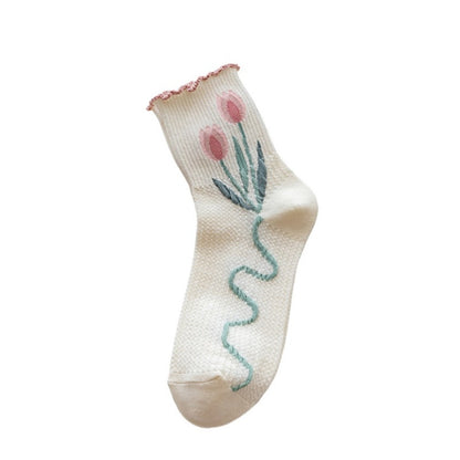 Rufia - Women's Floral Tulip Mid-Calf Socks - Green / White