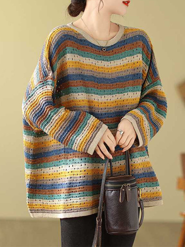 Long Sleeves Loose Contrast Color Hollow Round-Neck Pullovers Sweater Tops