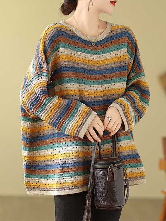 Long Sleeves Loose Contrast Color Hollow Round-Neck Pullovers Sweater Tops