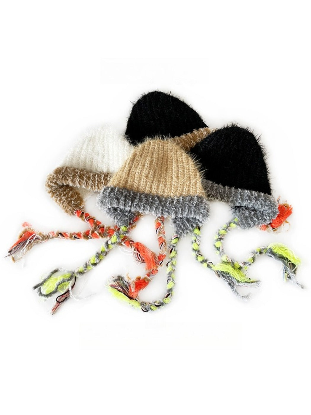 Haila - Winter Color Block Knitted Beanie with Tassel Braids