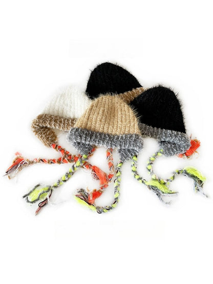 Haila - Winter Color Block Knitted Beanie with Tassel Braids
