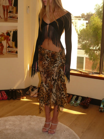 Milana Fringed Top and Leopard Midi Skirt Set