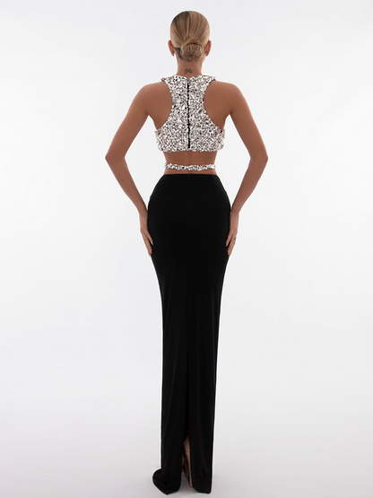 Isabella Elegant Crystal Crop Top Long Skirt