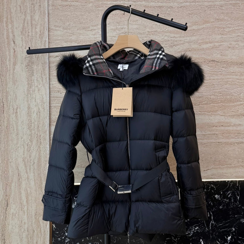 Burberry 25 Fur Collar Plaid Slim-fit Black Jacket Polyester Down