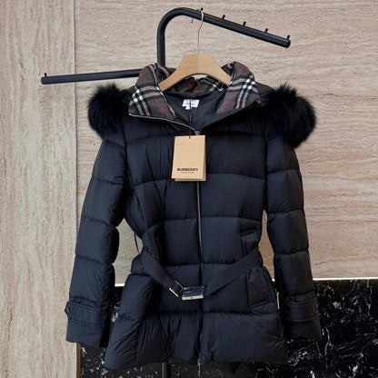 Burberry 25 Fur Collar Plaid Slim-fit Black Jacket Polyester Down