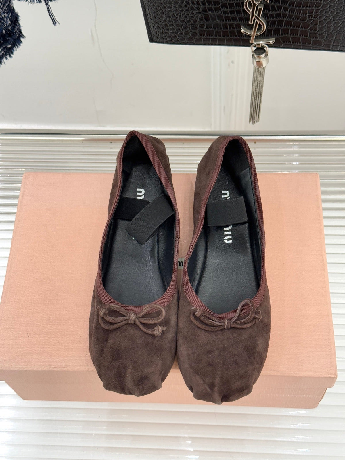 Miu Classic Bow Letter Ballet Flat Dark Brown Suede