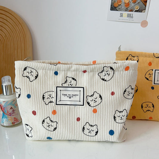 Cosbai - Corduroy Cat and Polka Dot Print Makeup Bag