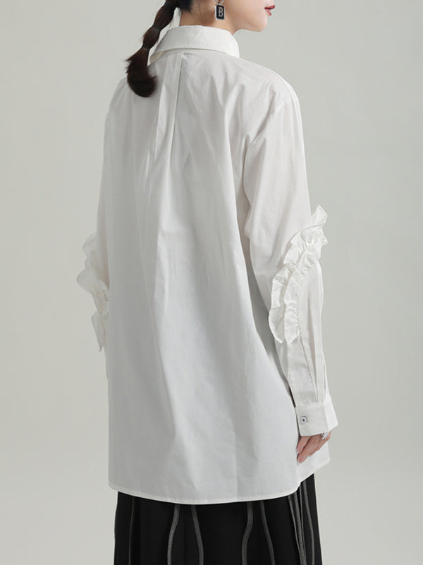 Loose Solid Color Ruffled Irregularity Buttoned Blouses