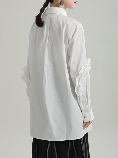 Loose Solid Color Ruffled Irregularity Buttoned Blouses