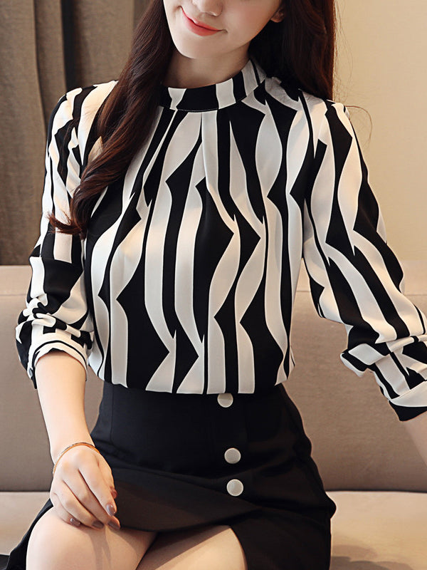Long Sleeves Loose Contrast Color Printed Mock Neck Blouses&Shirts Tops
