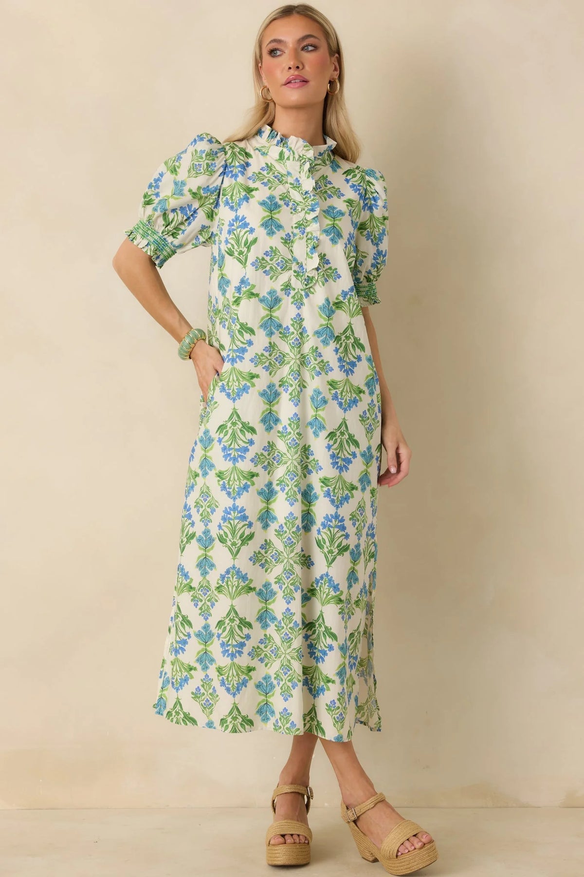 Fresh Fields Ivory Multi Cotton Floral Print Ruffle Neck Maxi Dress
