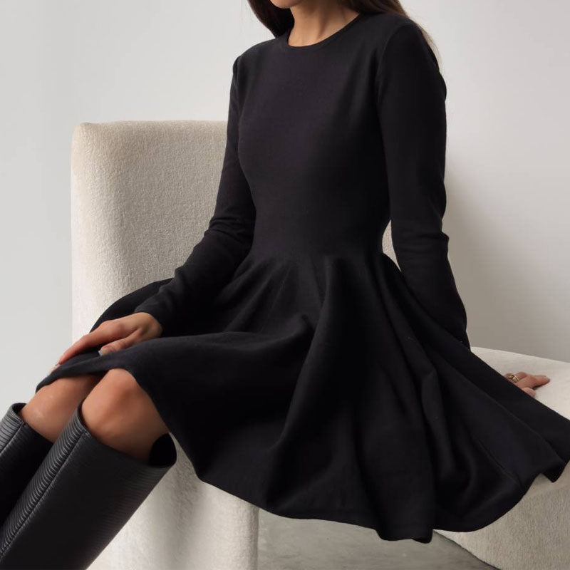 Elegant Round Neck Long Sleeve Flare Mini Dress