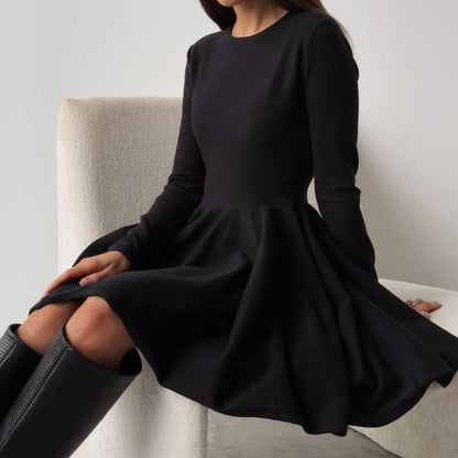 Elegant Round Neck Long Sleeve Flare Mini Dress
