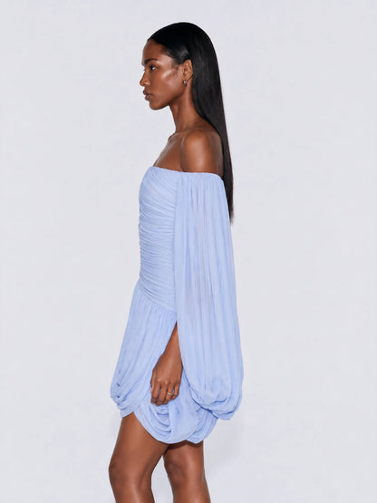 Arwen Off Shoulder Ruched Chiffon Mini Dress In Blue