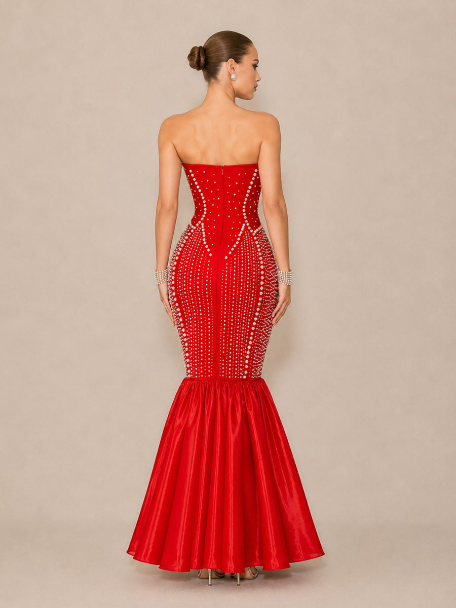 Arielle Sexy Strapless Pearl-Beaded Maxi Dress