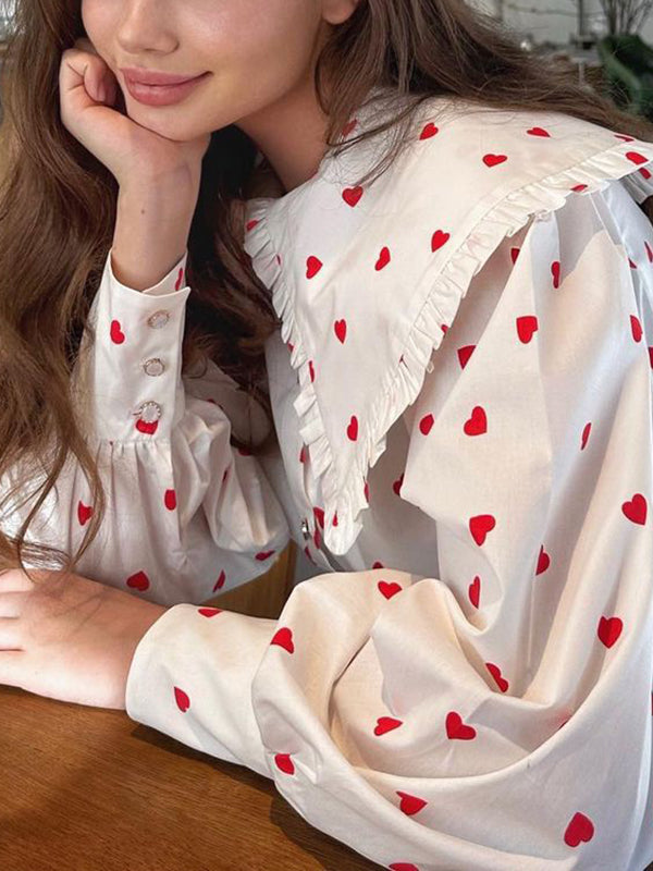 Loose Contrast Color Doll Collar Heart Print Blouses&Shirts Tops