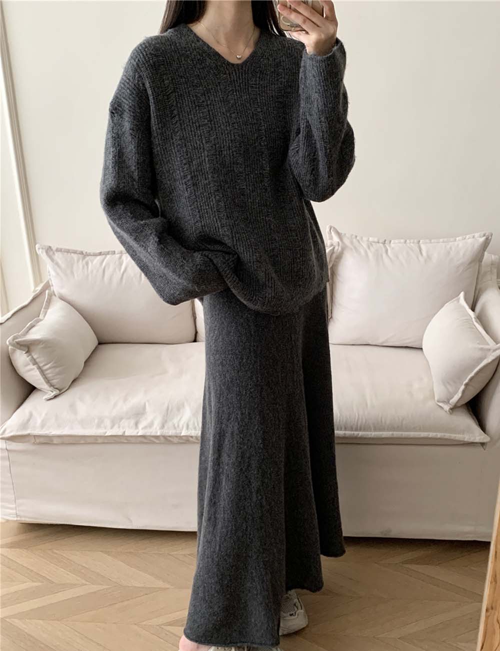 Solid Color Loose Knit Sweater Maxi Skirt Set