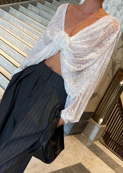 Sheer Lace Cropped Blouse With Floral Front Tie