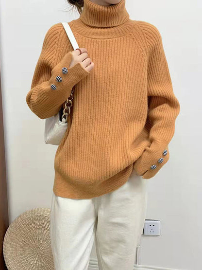 Casual Loose Long Sleeves Solid Color High-Neck Sweater Tops