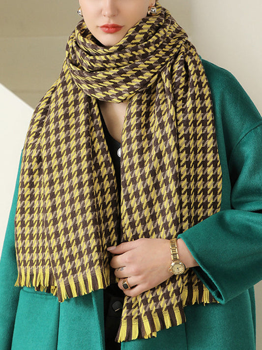 Fringed Houndstooth Keep Warm Shawl&Scarf