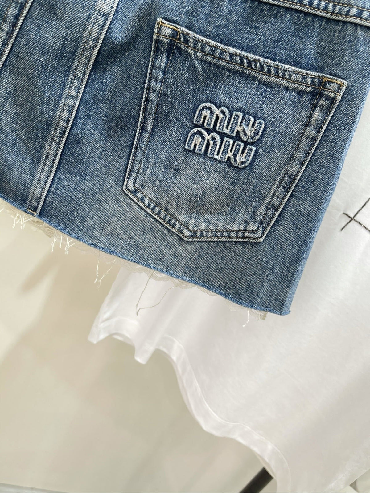 MIUMIU PATCHED DENIM SKIRT WITH LACE 275946