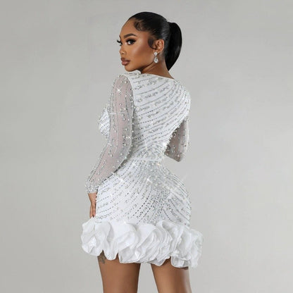 Sexy Rhinestone Beaded Bodycon Dress Long Sleeve